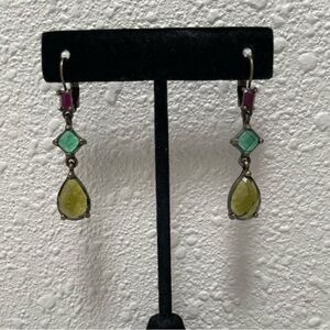 Tri-Color Lever Back Pierced Dangle Earrings - Purple/Green/Amber - EUC